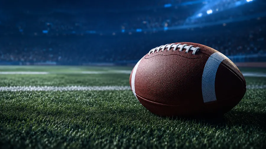 An American football on the turf under stadium lights.