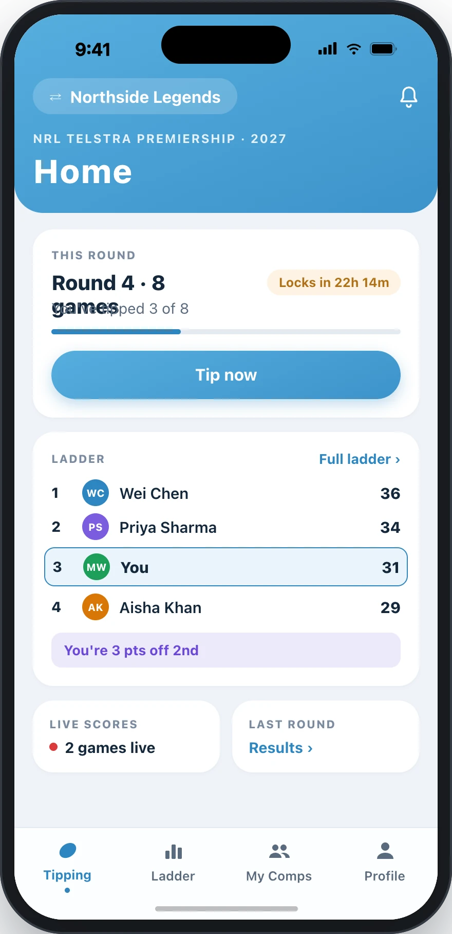 TippingMates My Comps — your active competitions at a glance.